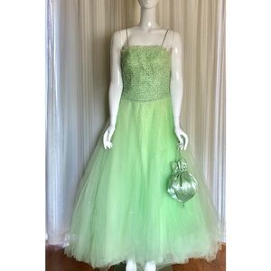 Green beaded tulle ball gown dress